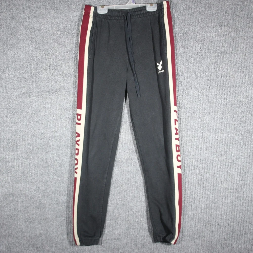 Playboy Sweatpants Mens Small Black Preppy Rare‎ Striped Pockets Rabbit